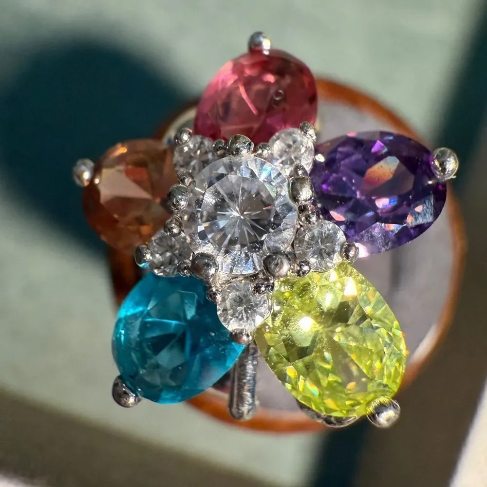 Colorful Flower Cocktail Ring with Multicolor Gemstones – Size 9.5